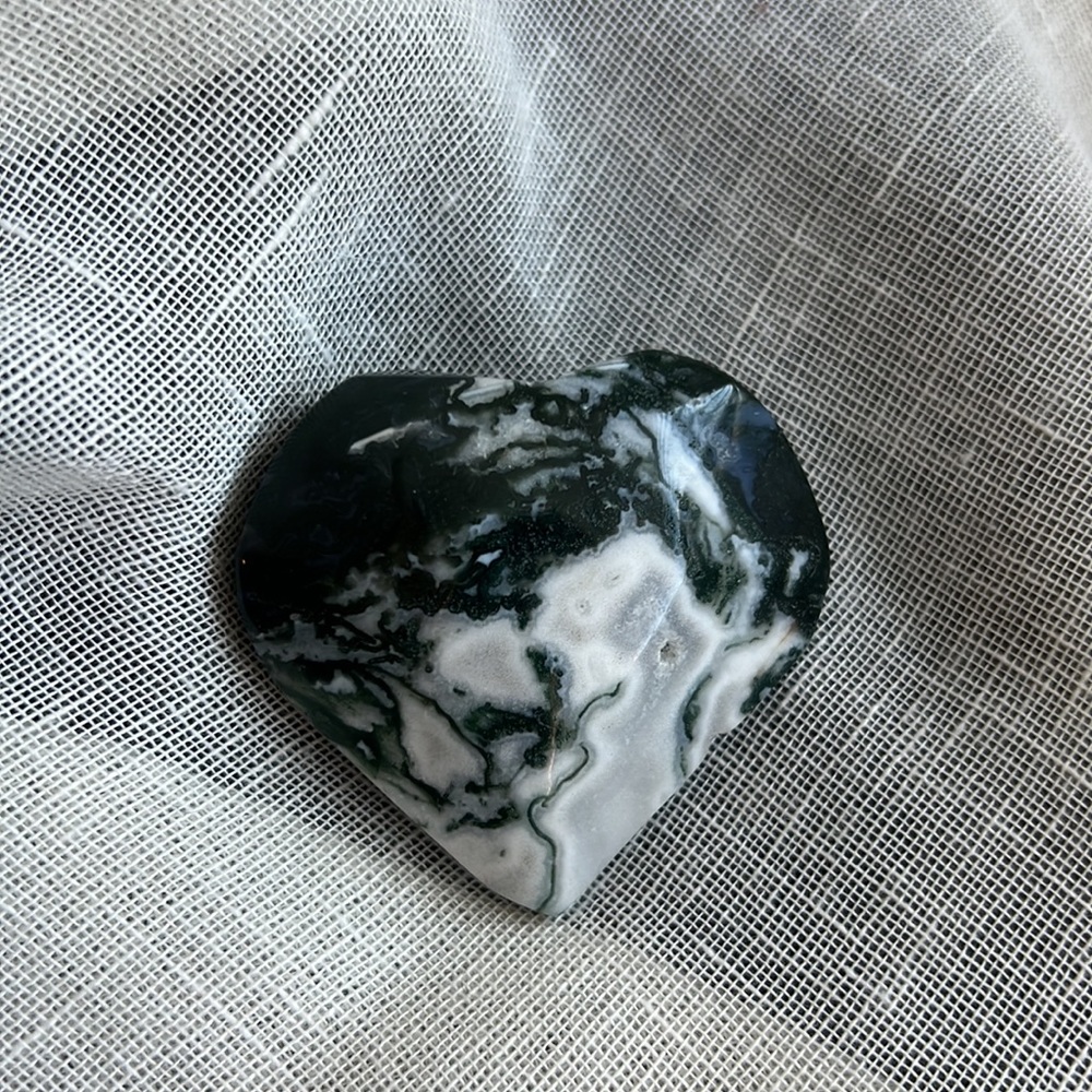 Heart shaped green moss agate with druzy